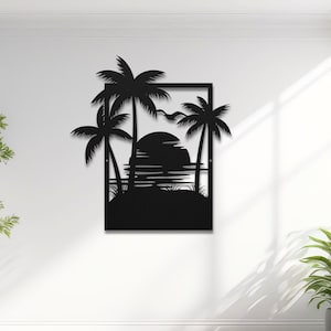 Tropical Beach Metal Wall Art: Palm Tree Sunset Decor, Living Room Sign