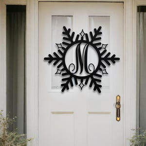 Snowflake Monogram Metal Sign: Christmas Door Hanger, Name Initials Wreath, Xmas Front Door Decor