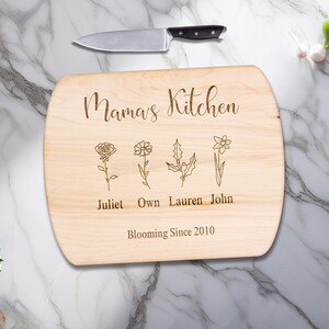 Grandmas Garden Cutting Board - Birth Flower Gift for Mom - Engraved Maple & Walnut Charcuterie Board
