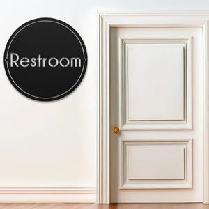 Modern Restroom Door Sign - Stylish Round Bathroom Metal Sign - Office and Home Toilet Signage
