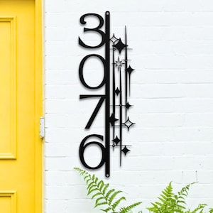 Modern Vertical House Numbers, Starburst Metal Address Sign, Atomic Age Yard Decor, Unique Home Entrance Art