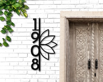 Lotus Flower Metal Address Sign: Vertical House Numbers, Spirtual Outdoor Decor