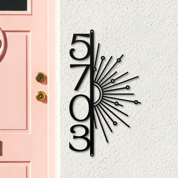 Modern Metal House Numbers, Vertical Sunburst Address Plaque, Contemporary Exterior Decor, Geometric Door Sign