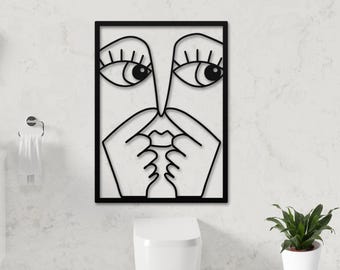 Funny Toilet Metal Wall Art: Minimal Line Art Bathroom Sign, Guest WC Decor