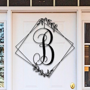 Monogram Metal Door Wreath Sign, Name Initial Wall Art, Housewarming Wedding Gift, Front Door Hanger