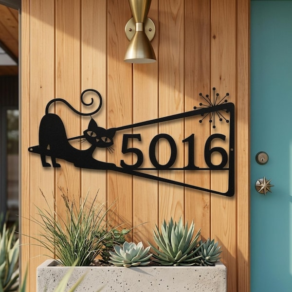 Atomic Cat Address Plaque Mid Century Modern House Numbers Sign Retro Outdoor Metal, Curb Appeal