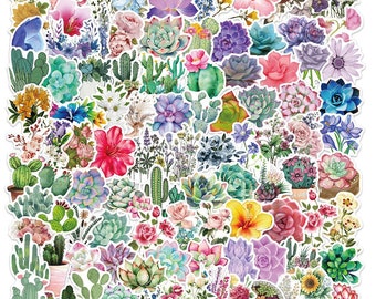 100 Stickers Flowers Succulent Plants Theme Design Cute Aestheic Stickers Collection
