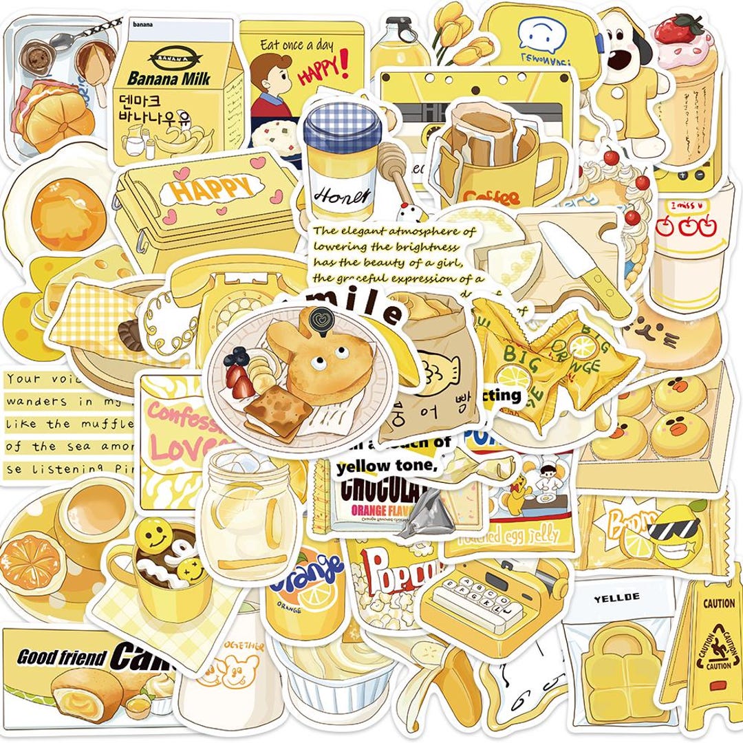 Yellow Sticker Eating 50 Yellow Aesthetic Stickers Pack Cute Food Retro-themed Vinyl Decals ...