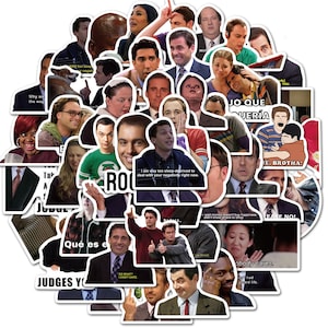 May include: A selection of white die-cut stickers featuring images of actors and characters from popular TV shows and movies. The stickers include quotes such as "I am way too sleep-deprived" and "Nobody cares."