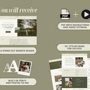 May include: A website design template for therapists, featuring a green and white color scheme with a photo of a woman in a field. The template includes built-in fonts and photos, and comes with a PDF guide and video tutorial.