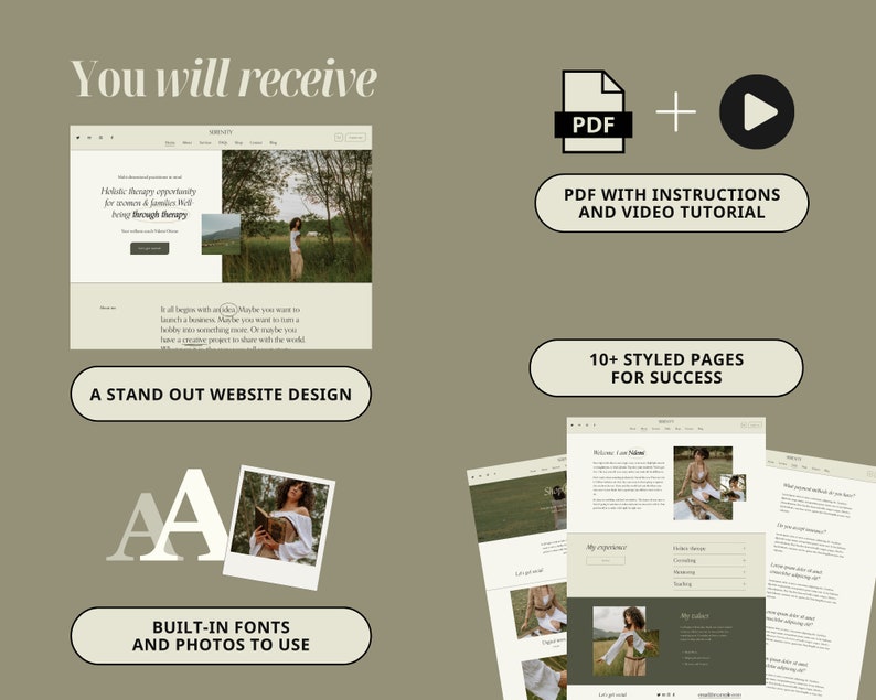 May include: A website design template for therapists, featuring a green and white color scheme with a photo of a woman in a field. The template includes built-in fonts and photos, and comes with a PDF guide and video tutorial.