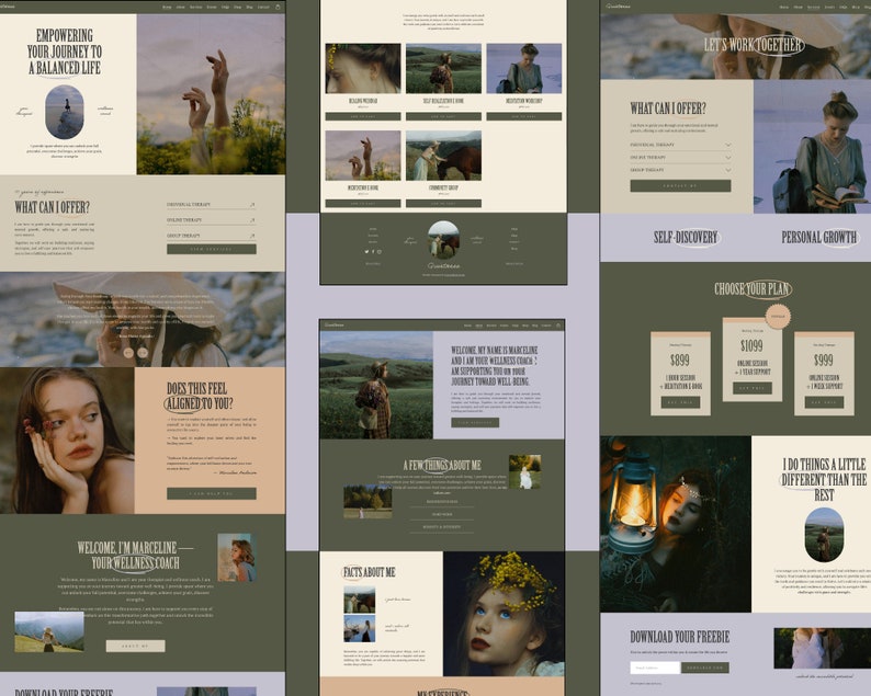 May include: Website homepage for a wellness coach called Marceline. The website features a green and beige colour scheme with images of nature and a woman. The text "Let's work together" is displayed in a large font at the top of the page. The website also includes a section on self-discovery and personal growth, as well as a section on choosing a plan.