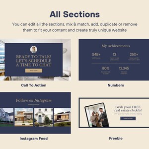 May include: A website design template with a dark blue background and gold text. The template features different sections, including a call to action, a section for numbers, an Instagram feed, and a freebie. The text on the template includes "Ready to Talk? Let's Schedule a Time to Chat", "My Achievements", "$4B+", "13", "250+", "80%", "12,345", "Follow on Instagram", "Grab your FREE real estate checklist", and "Instagram Feed".