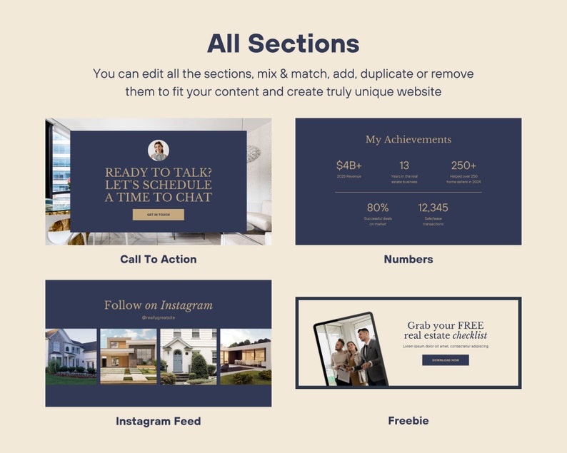 May include: A website design template with a dark blue background and gold text. The template features different sections, including a call to action, a section for numbers, an Instagram feed, and a freebie. The text on the template includes "Ready to Talk? Let's Schedule a Time to Chat", "My Achievements", "$4B+", "13", "250+", "80%", "12,345", "Follow on Instagram", "Grab your FREE real estate checklist", and "Instagram Feed".