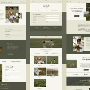May include: A website homepage for a holistic therapist, featuring a photo of a woman in a field, a section titled "My Values", and a contact form.