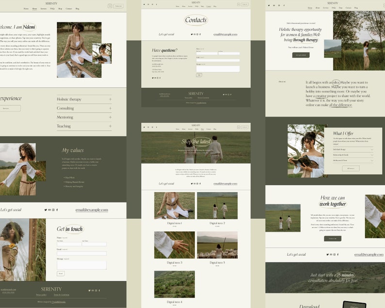 May include: A website homepage for a holistic therapist, featuring a photo of a woman in a field, a section titled "My Values", and a contact form.