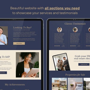 May include: A website mockup for a real estate agent, featuring a blue and beige color scheme. The website includes sections for "Looking to Buy?", "Looking to Sell?", "Clients Testimonials", "Grab your FREE real estate checklist", and "Properties for Sale".