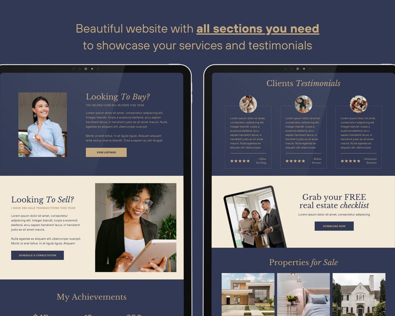 May include: A website mockup for a real estate agent, featuring a blue and beige color scheme. The website includes sections for "Looking to Buy?", "Looking to Sell?", "Clients Testimonials", "Grab your FREE real estate checklist", and "Properties for Sale".