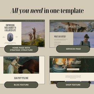 May include: Four website mockups showcasing different features of a website template. The first mockup shows a homepage with the text "Empowering your journey to a balanced life". The second mockup shows a services page with the text "What can I offer?" and "Let's work together". The third mockup shows a blog post with the text "Blog post title one". The fourth mockup shows a shop page with the text "Shop the latest".