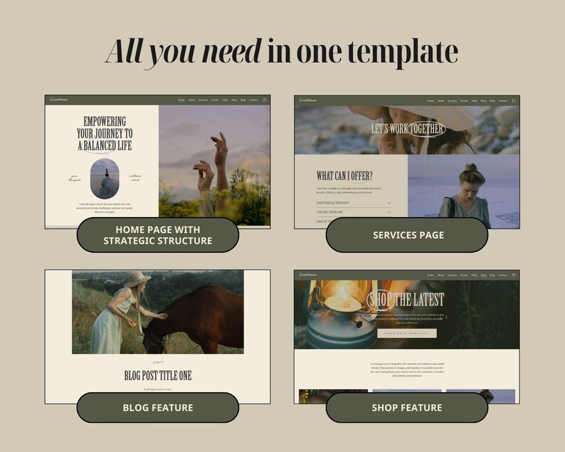 May include: Four website mockups showcasing different features of a website template. The first mockup shows a homepage with the text "Empowering your journey to a balanced life". The second mockup shows a services page with the text "What can I offer?" and "Let's work together". The third mockup shows a blog post with the text "Blog post title one". The fourth mockup shows a shop page with the text "Shop the latest".