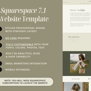 May include: A website template for Squarespace 7.1, featuring a green and white color scheme with a minimalist design. The template is fully customizable with fonts, colors, photos, and text. It also includes built-in analytics, a blog, and shop capability. The template is mobile optimized and includes email marketing integration. The text "Welcome, I am Ndemi" is displayed at the top of the page.
