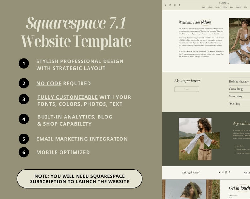 May include: A website template for Squarespace 7.1, featuring a green and white color scheme with a minimalist design. The template is fully customizable with fonts, colors, photos, and text. It also includes built-in analytics, a blog, and shop capability. The template is mobile optimized and includes email marketing integration. The text "Welcome, I am Ndemi" is displayed at the top of the page.