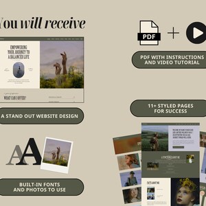 May include: A digital product mockup showcasing a website design template for a personal growth coach. The website design features a green and white colour scheme with a variety of images and text. The mockup also includes a PDF with instructions and a video tutorial. The text on the website design says "Empowering your journey to a balanced life".