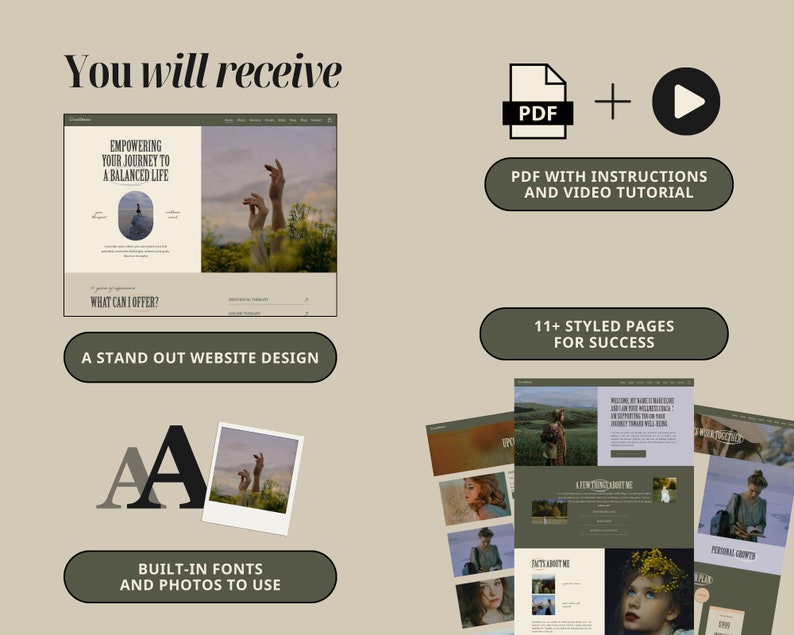 May include: A digital product mockup showcasing a website design template for a personal growth coach. The website design features a green and white colour scheme with a variety of images and text. The mockup also includes a PDF with instructions and a video tutorial. The text on the website design says "Empowering your journey to a balanced life".