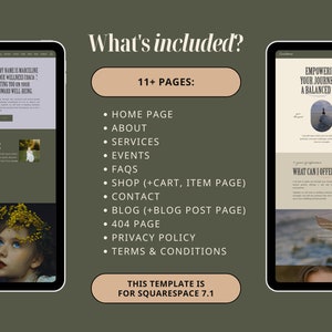 May include: A mockup of a website template for Squarespace 7.1. The template is designed for wellness coaches and features a light green background with a peach-coloured button that says "11+ Pages". The template includes pages for home, about, services, events, FAQs, shop, contact, blog, 404 page, privacy policy, and terms and conditions.