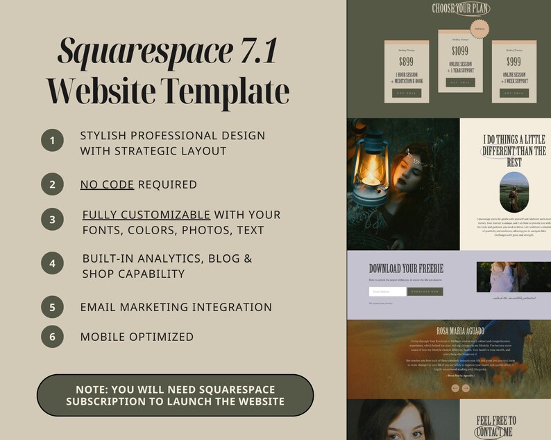 May include: A Squarespace 7.1 website template, showcasing a stylish professional design with a strategic layout. The template is fully customisable with fonts, colours, photos, and text. It also includes built-in analytics, a blog, and shop capability, as well as email marketing integration and mobile optimisation. The text "I do things a little different than the rest" is also visible in the image.