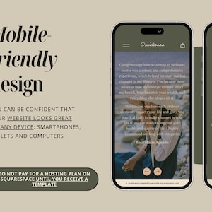 May include: A mobile phone screen displaying a website for a wellness coach. The website features a photo of a woman on a beach and text that reads "Quietness" and "Going through Your Roadmap to Wellness course was a robust and comprehensive experience, which helped me start making changes in my lifestyle. I've become more aware of how my lifestyle choices affect my health. Your health is your wealth, and everything else hinges on it."