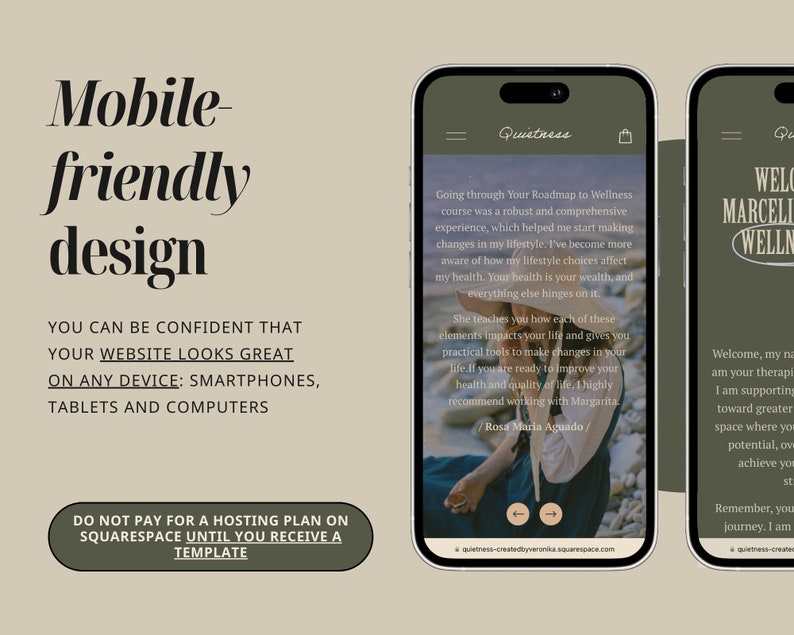 May include: A mobile phone screen displaying a website for a wellness coach. The website features a photo of a woman on a beach and text that reads "Quietness" and "Going through Your Roadmap to Wellness course was a robust and comprehensive experience, which helped me start making changes in my lifestyle. I've become more aware of how my lifestyle choices affect my health. Your health is your wealth, and everything else hinges on it."