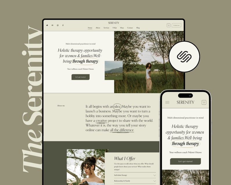 May include: Website screenshot for Serenity, a holistic therapy service for women and families. The website features a green and white color scheme with a photo of a woman in a field. The text "Holistic therapy opportunity for women & families. Well-being through therapy" is displayed on the website.