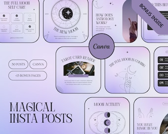 May include: A digital illustration of a purple and white gradient background with a collection of social media posts about astrology and the moon. The text on the posts includes "The Full Moon Self Care", "How Does Astrology Work?", "Tarot Card Reader", "The Full Moon is Coming", "Moon Activity", and "You Have Magic in You".