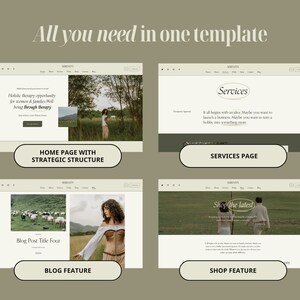 May include: A website template for a business offering holistic therapy services. The template includes a home page, services page, blog feature, and shop feature. The website has a clean and modern design with a focus on natural imagery.