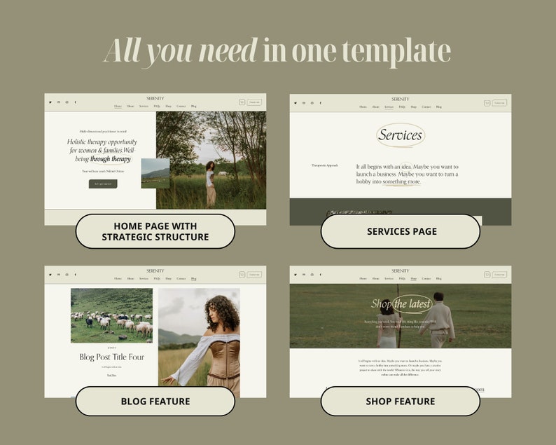 May include: A website template for a business offering holistic therapy services. The template includes a home page, services page, blog feature, and shop feature. The website has a clean and modern design with a focus on natural imagery.