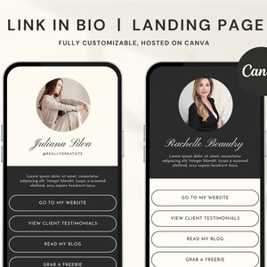 May include: Two mockups of a mobile phone screen displaying a link in bio landing page template. The template features a black and white color scheme with a circular profile picture, text, and buttons that say "Go to my website", "View client testimonials", "Read my blog", and "Grab a freebie".
