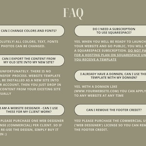 May include: A frequently asked questions (FAQ) page with a light green background and white text. The page answers questions about changing colors and fonts, exporting content, using a domain, and removing the footer credit.