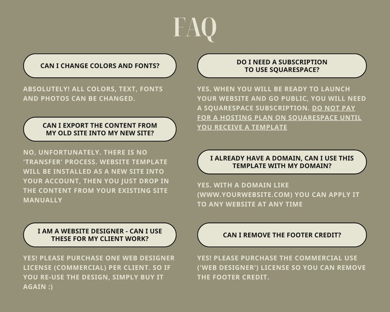 May include: A frequently asked questions (FAQ) page with a light green background and white text. The page answers questions about changing colors and fonts, exporting content, using a domain, and removing the footer credit.