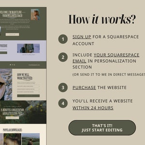 May include: A website design template for wellness coaches, featuring a green and white colour scheme with images of nature. The text on the page includes "Welcome, I'm Marceline, Your Wellness Coach", "Download Your Freebie", "Let's Get Social", "How We Will Work Together", "15 Minutes Consultation Absolutely For Free", "Popular Downloads", and "How it works?" The steps to create a website are listed: "Sign up for a Squarespace account", "Include your Squarespace email in personalisation section", "Purchase the website", and "You'll receive a website within 24 hours".
