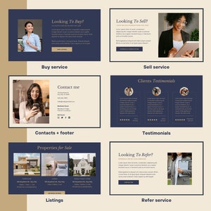 May include: A website homepage for a real estate agent. The website features a blue and gold color scheme and includes sections for buying, selling, referring, testimonials, and contact information.