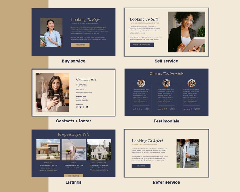 May include: A website homepage for a real estate agent. The website features a blue and gold color scheme and includes sections for buying, selling, referring, testimonials, and contact information.