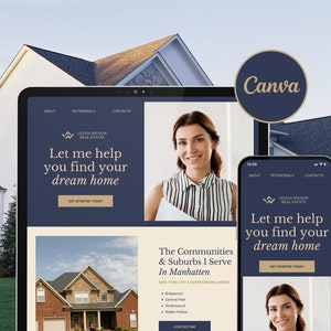 May include: A website mockup on a tablet and smartphone showing a real estate agent's website. The website features a blue background with white text and a photo of the agent. The text on the website says "Let me help you find your dream home." The website also lists the communities and suburbs the agent serves in Manhattan, New York City.