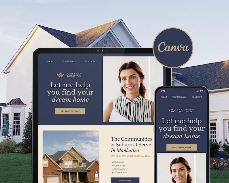 May include: A website mockup on a tablet and smartphone showing a real estate agent's website. The website features a blue background with white text and a photo of the agent. The text on the website says "Let me help you find your dream home." The website also lists the communities and suburbs the agent serves in Manhattan, New York City.