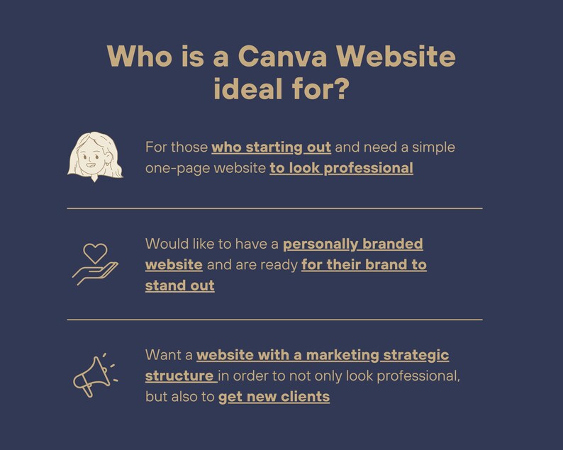May include: A graphic with three sections, each with an icon and text describing who a Canva website is ideal for. The first section has a cartoon person with the text "For those who are starting out and need a simple one-page website to look professional". The second section has a heart in a hand with the text "Would like to have a personally branded website and are ready for their brand to stand out". The third section has a megaphone with the text "Want a website with a marketing strategic structure in order to not only look professional, but also to get new clients".