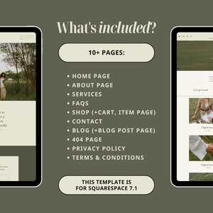 May include: A screenshot of a website template for Squarespace 7.1. The template includes 10+ pages, including a home page, about page, services page, FAQs page, shop page, contact page, blog page, 404 page, privacy policy page, and terms and conditions page.
