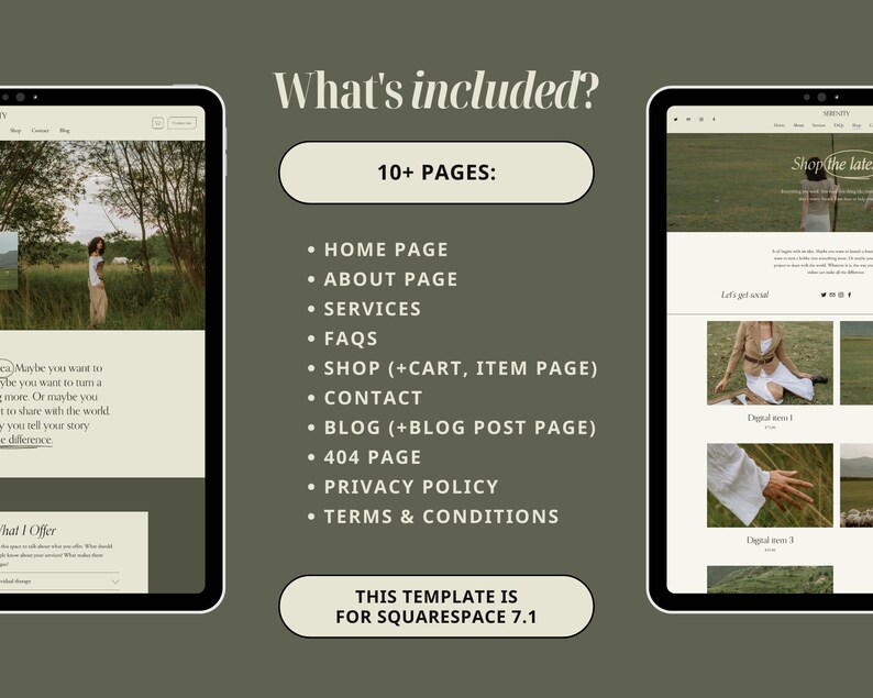 May include: A screenshot of a website template for Squarespace 7.1. The template includes 10+ pages, including a home page, about page, services page, FAQs page, shop page, contact page, blog page, 404 page, privacy policy page, and terms and conditions page.
