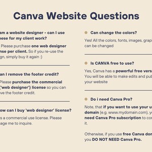 May include: A graphic with a list of frequently asked questions about Canva website features. The questions are: "I am a website designer - can I use these for my client work?", "Can I remove the footer credit?", "How can I buy 'web designer' license?", "Can change the colors?", "Is CANVA free to use?", "Do I need Canva Pro?"