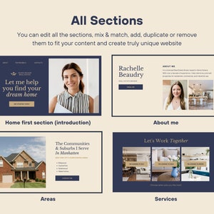 May include: A website design mockup for a real estate agent. The website features a blue and white color scheme with images of homes and the agent. The text on the website includes the agent's name, "Rachelle Beaudry", and the phrase "Let me help you find your dream home".