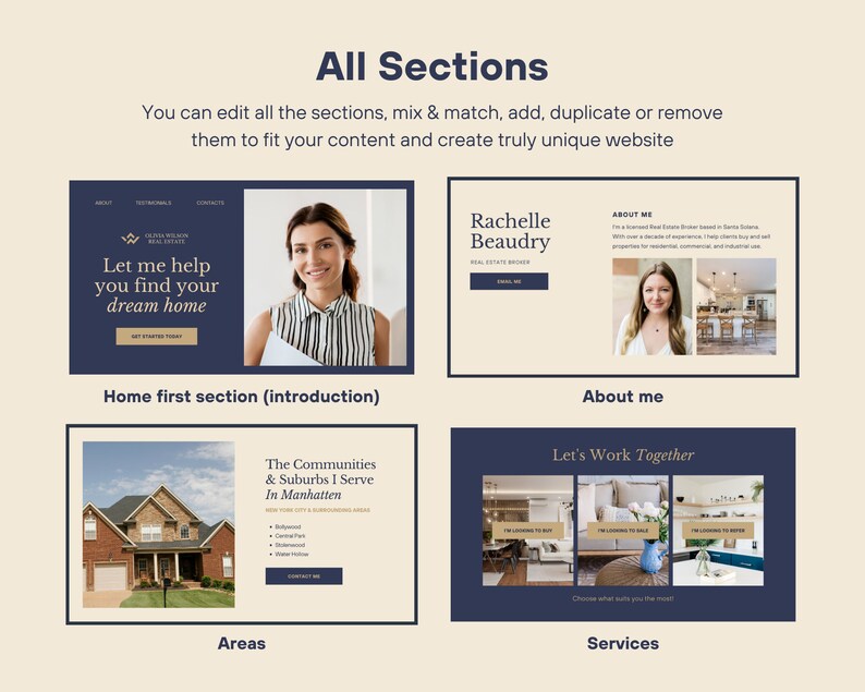 May include: A website design mockup for a real estate agent. The website features a blue and white color scheme with images of homes and the agent. The text on the website includes the agent's name, "Rachelle Beaudry", and the phrase "Let me help you find your dream home".